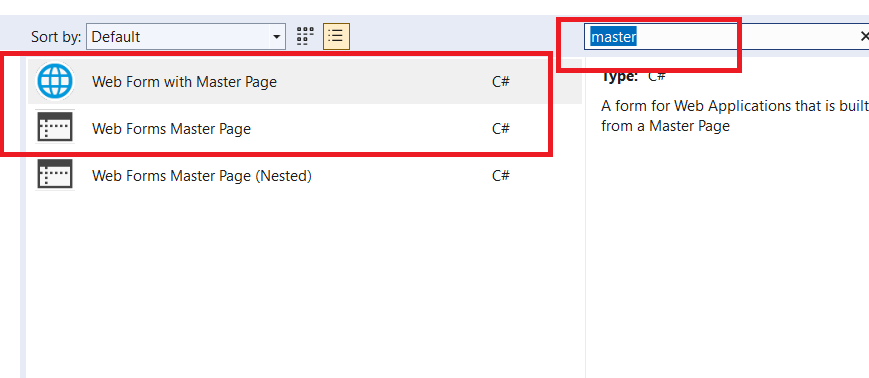 اضافة add master page in visual studio